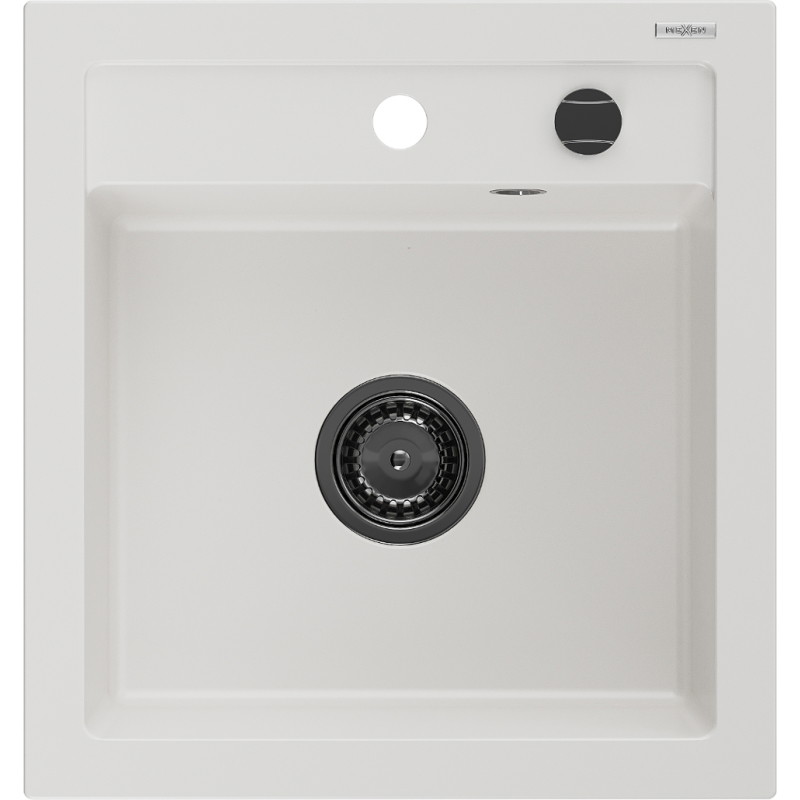 Mexen Vito granieten gootsteen 1-komor 520 x 490 mm, wit, zwarte sifon - 6503521000-20-B