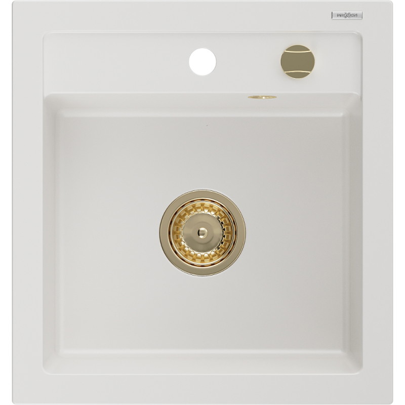 Mexen Vito 1-komerige granieten gootsteen 520 x 490 mm, wit, gouden sifon - 6503521000-20-G