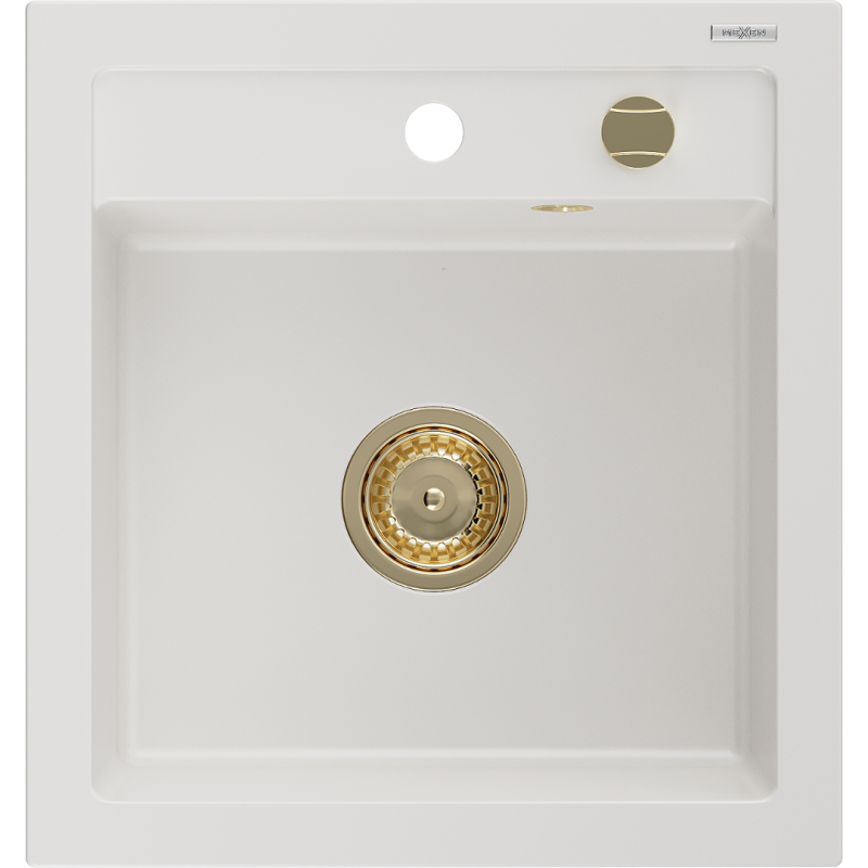 Mexen Vito évier de cuisine en granit 1 bac 520 x 490 mm, blanc, siphon doré - 6503521000-20-G