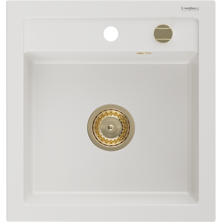 Mexen Vito évier de cuisine en granit 1 bac 520 x 490 mm, blanc, siphon doré - 6503521000-20-G