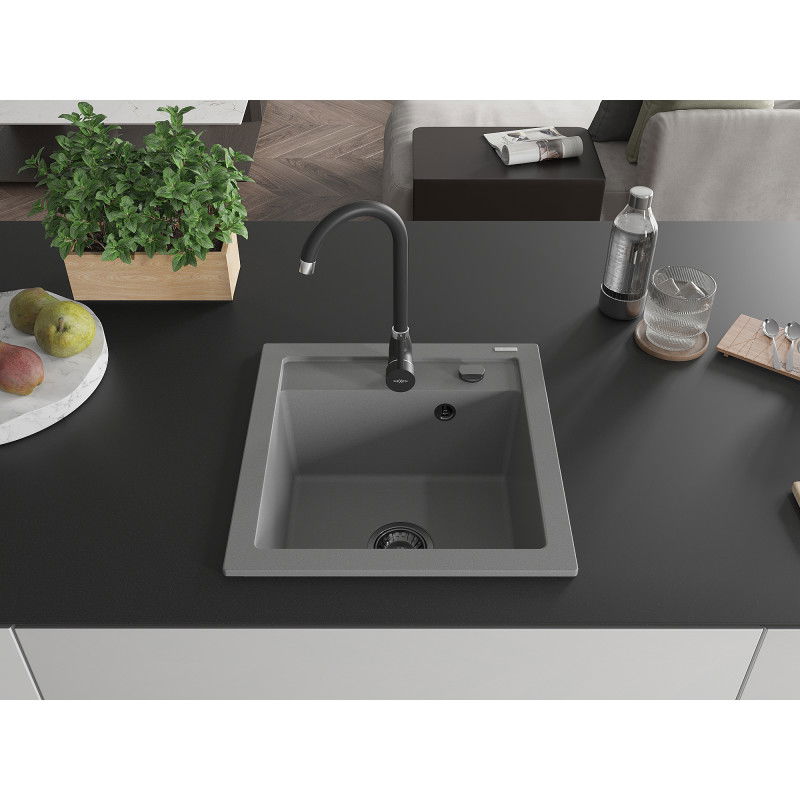 Mexen Vito évier en granit 1 bac 520 x 490 mm, gris, siphon noir - 6503521000-71-B
