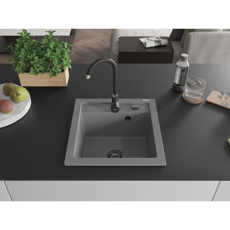 Mexen Vito fregadero de granito de 1 seno 520 x 490 mm, gris, sifón negro - 6503521000-71-B