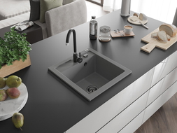 Mexen Vito évier en granit 1 bac 520 x 490 mm, gris, siphon noir - 6503521000-71-B