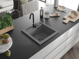 Mexen Vito granieten spoelbak 1-komorige 520 x 490 mm, grijs, zwarte sifon - 6503521000-71-B
