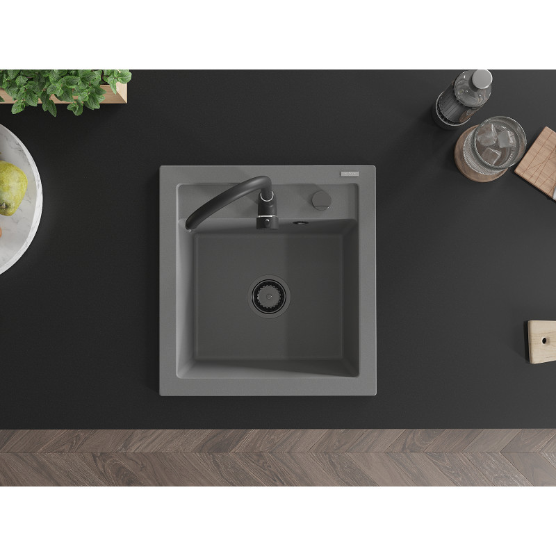 Mexen Vito granieten spoelbak 1-komorig 520 x 490 mm, grijs, zwarte sifon - 6503521000-71-B