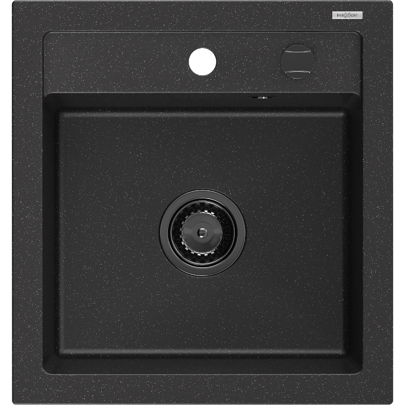 Mexen Vito Granitspüle 1-becken 520 x 490 mm, schwarz/silber metallic, schwarzer Siphon - 6503521000-73-B