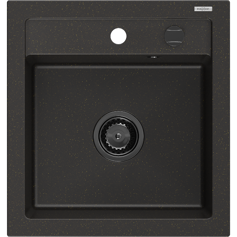 Mexen Vito fregadero de cocina de granito de 1 cubeta 520 x 490 mm, negro/oro metálico, sifón negro - 6503521000-75-B