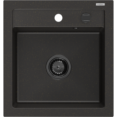 Mexen Vito Granitëspullver 1-Kummer 520 x 490 mm, schwaarz/gëllene Metalik, schwaarze Siphon - 6503521000-75-B