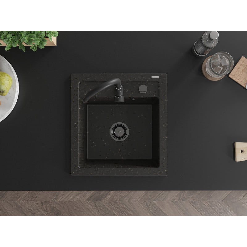 Mexen Vito granieten gootsteen 1-compartiment 520 x 490 mm, zwart/goud metallic, zwarte sifon - 6503521000-75-B
