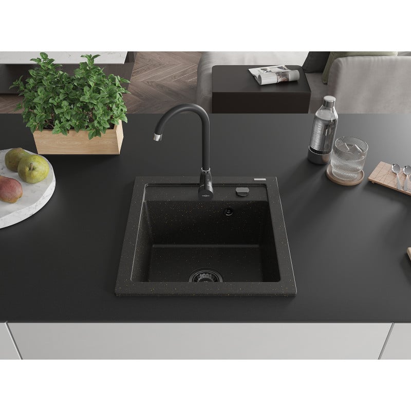 Mexen Vito fregadero de cocina de granito de 1 cubeta 520 x 490 mm, negro/oro metálico, sifón negro - 6503521000-75-B