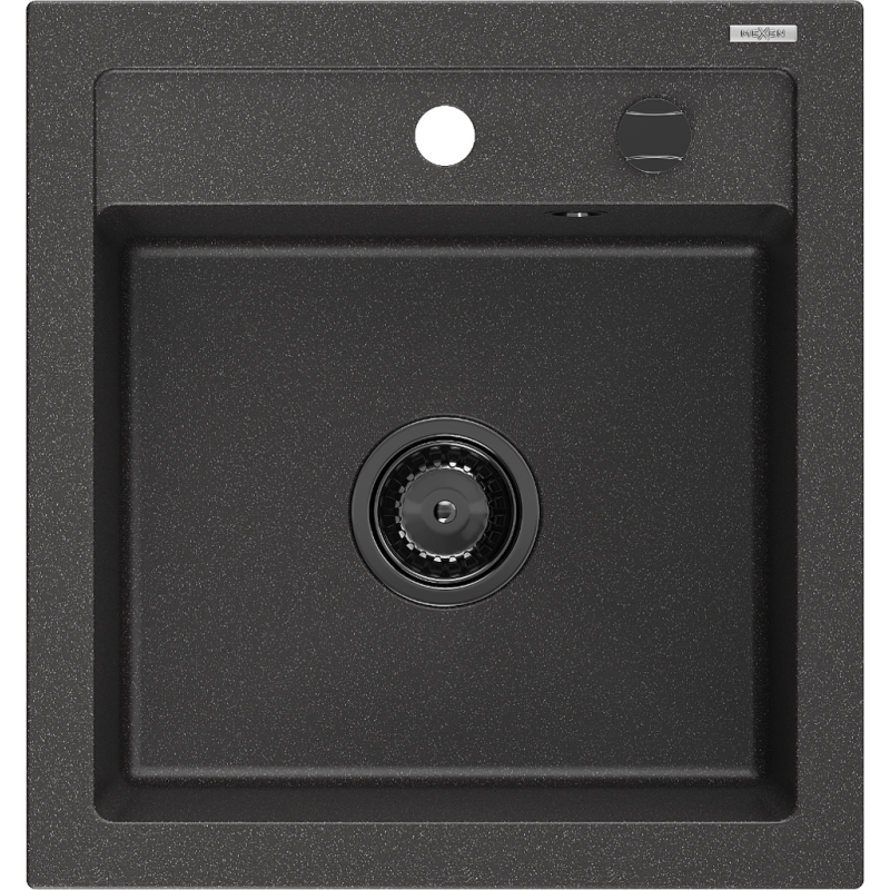 Mexen Vito granitdiskbänk 1-fack 520 x 490 mm, svart med fläckar, svart siffon - 6503521000-76-B