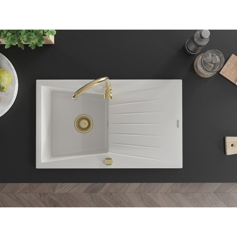 Mexen Cesar granieten spoelbak met 1 compartiment en afdruiprek 775 x 470 mm, wit, gouden sifon - 6514771010-20-G