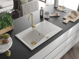 Mexen Cesar granieten spoelbak met 1 compartiment en afdruiprek 775 x 470 mm, wit, gouden sifon - 6514771010-20-G