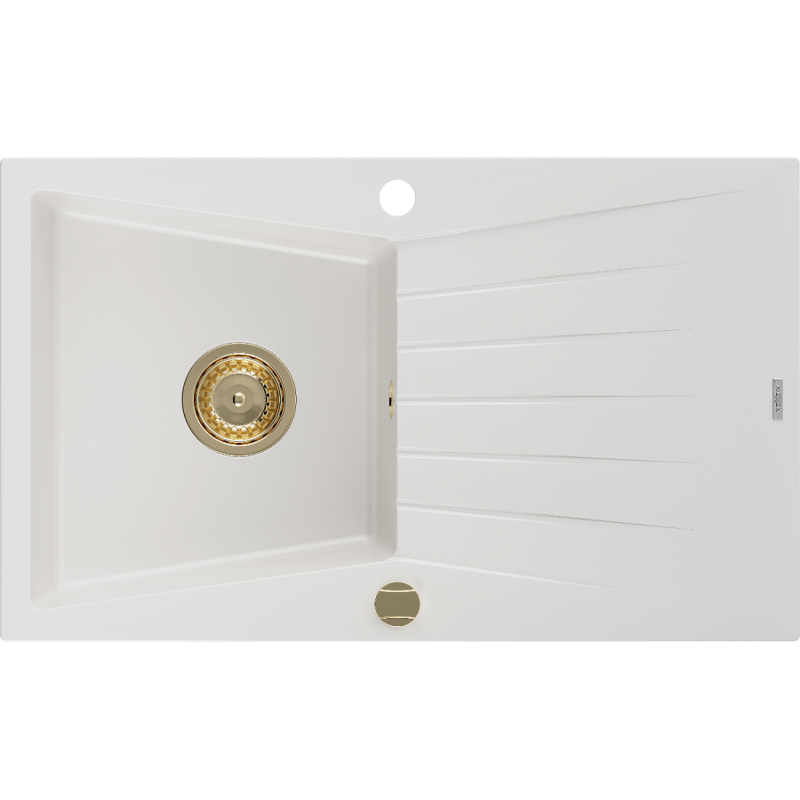 Mexen Cesar 1-komorige granieten gootsteen met afdruiprek 775 x 470 mm, wit, gouden sifon - 6514771010-20-G
