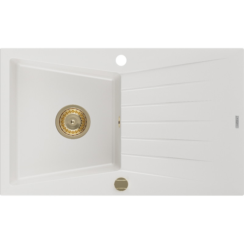 Mexen Cesar granitische spoelbak 1-komor met afdruiprek 775 x 470 mm, wit, gouden sifon - 6514771010-20-G