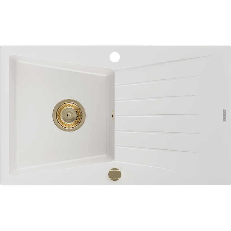 Mexen Cesar single-bowl granite sink with drainer 775 x 470 mm, white, gold siphon - 6514771010-20-G