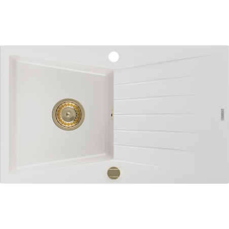 Mexen Cesar évier en granit 1 bac avec égouttoir 775 x 470 mm, blanc, siphon doré - 6514771010-20-G