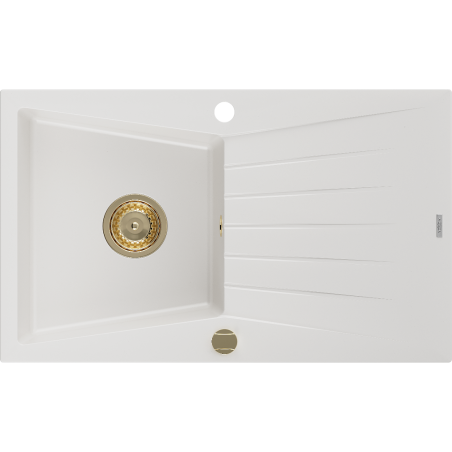 Mexen Cesar granieten spoelbak met 1 compartiment en afdruiprek 775 x 470 mm, wit, gouden sifon - 6514771010-20-G