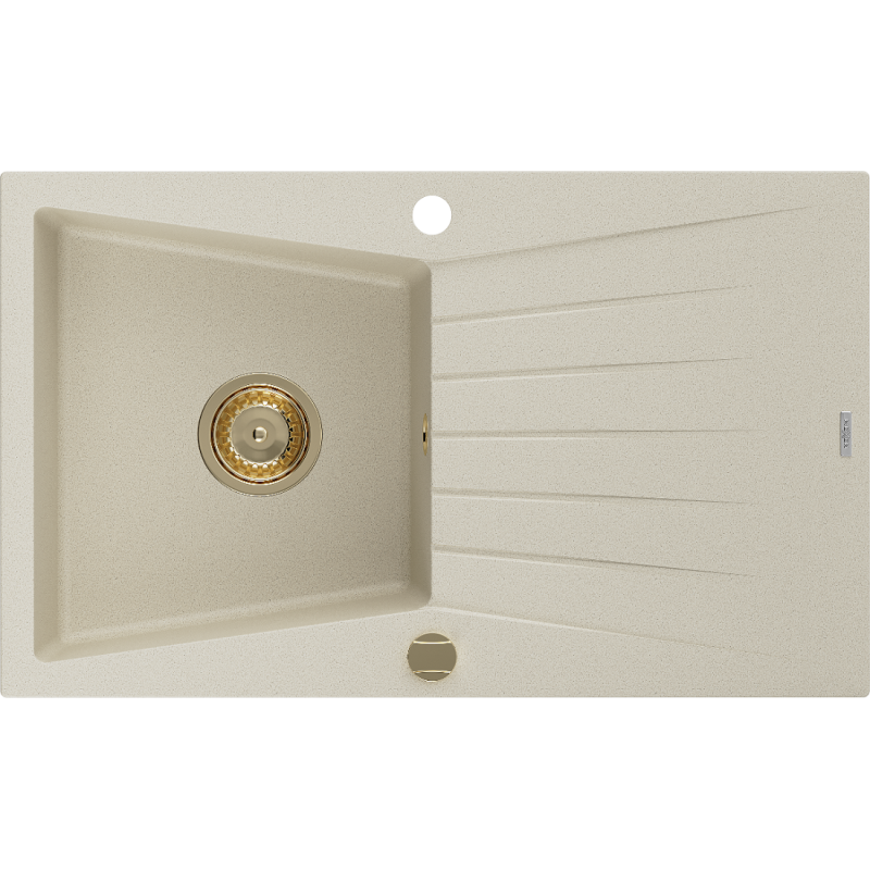 Mexen Cesar Granitspüle 1-Becken mit Abtropffläche 775 x 470 mm, beige, goldener Siphon - 6514771010-69-G