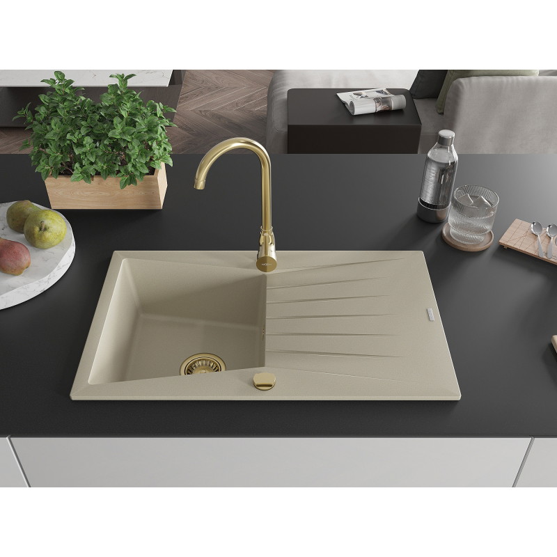 Mexen Cesar Granitspüle 1-Becken mit Abtropffläche 775 x 470 mm, beige, Siphon gold - 6514771010-69-G