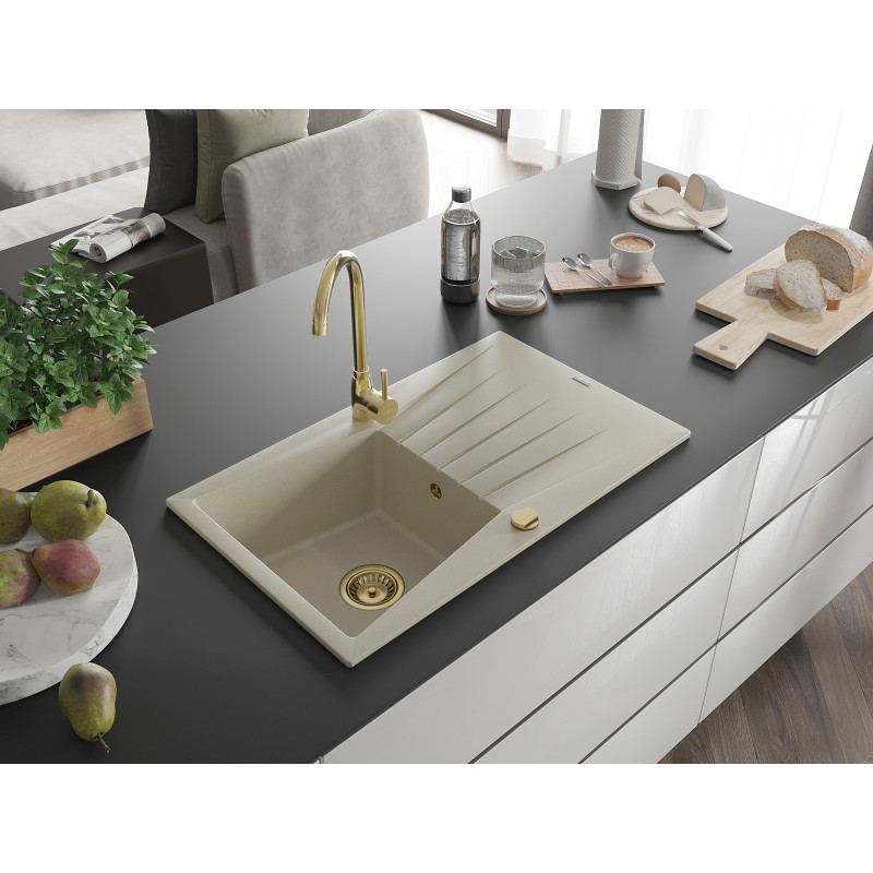 Mexen Cesar granit gootsteen 1-kompartment met afdruiprek 775 x 470 mm, beige, gouden sifon - 6514771010-69-G