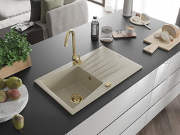 Mexen Cesar granieten spoelbak 1-komerig met afdruiprek 775 x 470 mm, beige, gouden sifon - 6514771010-69-G