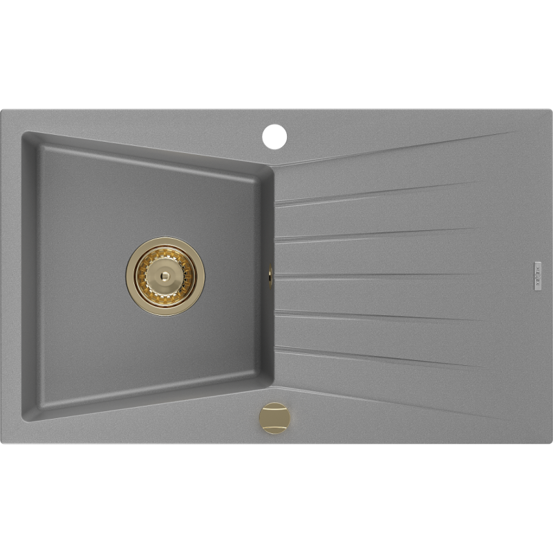 Mexen Cesar évier en granit 1 bac avec égouttoir 775 x 470 mm, gris, siphon doré - 6514771010-71-G