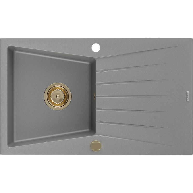 Mexen Cesar granit gootsteen 1-kommer met afdruiprek 775 x 470 mm, grijs, gouden sifon - 6514771010-71-G