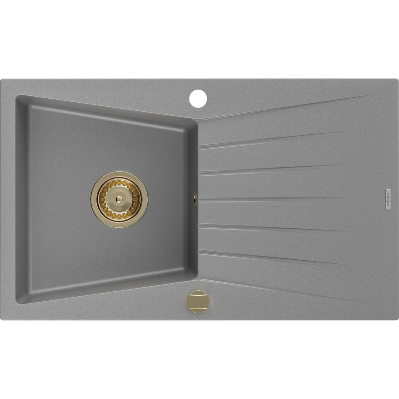 Mexen Cesar Granitspüle 1-beckig mit Abtropffläche 775 x 470 mm, Grau, Goldener Siphon - 6514771010-71-G