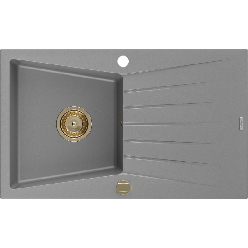 Mexen Cesar zlewozmywak granitowy 1-komorowy z ociekaczem 775 x 470 mm, szary, syfon złoty - 6514771010-71-G