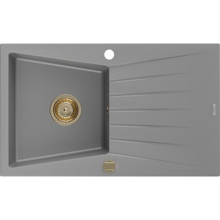 Mexen Cesar lava-louça de granito 1-cuba com escorredor 775 x 470 mm, cinza, sifão dourado - 6514771010-71-G