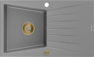 Mexen Cesar lavello in granito a 1 vasca con sgocciolatoio 775 x 470 mm, grigio, sifone dorato - 6514771010-71-G