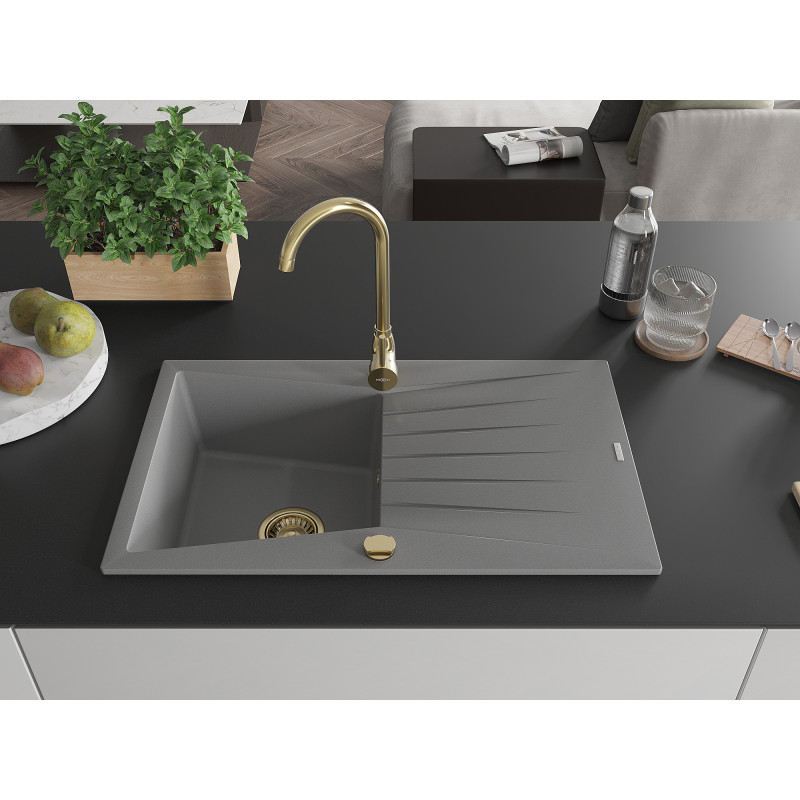 Mexen Cesar fregadero de granito de 1 seno con escurridor 775 x 470 mm, gris, sifón dorado - 6514771010-71-G