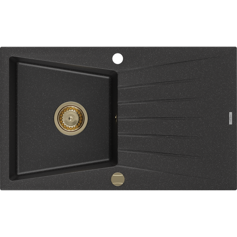 Mexen Cesar Granitspüle 1-beckig mit Abtropffläche 775 x 470 mm, schwarz/silber metallic, goldener Siphon - 6514771010-73-G