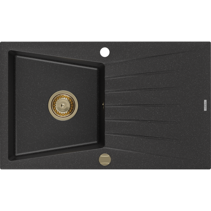 Mexen Cesar lava-louça de granito 1-cuba com escorredor 775 x 470 mm, preto/prateado metálico, sifão dourado