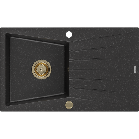 Mexen Cesar 1-bowl granite sink with drainer 775 x 470 mm, black/silver metallic, golden siphon - 6514771010-73-G