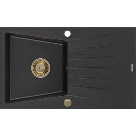 Mexen Cesar Granitspüle 1-beckig mit Abtropffläche 775 x 470 mm, schwarz/silber metallic, goldener Siphon - 6514771010-73-G