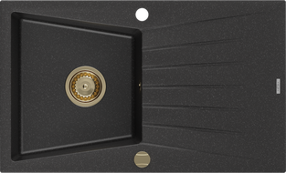Mexen Cesar Granitspüle 1-beckig mit Abtropffläche 775 x 470 mm, schwarz/silber metallic, goldener Siphon - 6514771010-73-G