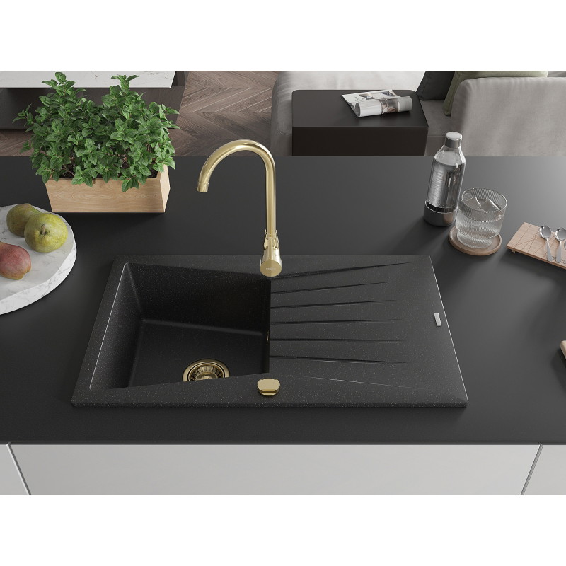 Mexen Cesar granitā izlietne ar 1 nodalījumu un noteku 775 x 470 mm, melns/sudraba metālisks, zelta sifons - 6514771010-73-G