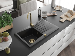 Mexen Cesar 1-bowl granite sink with drainer 775 x 470 mm, black/silver metallic, golden siphon - 6514771010-73-G