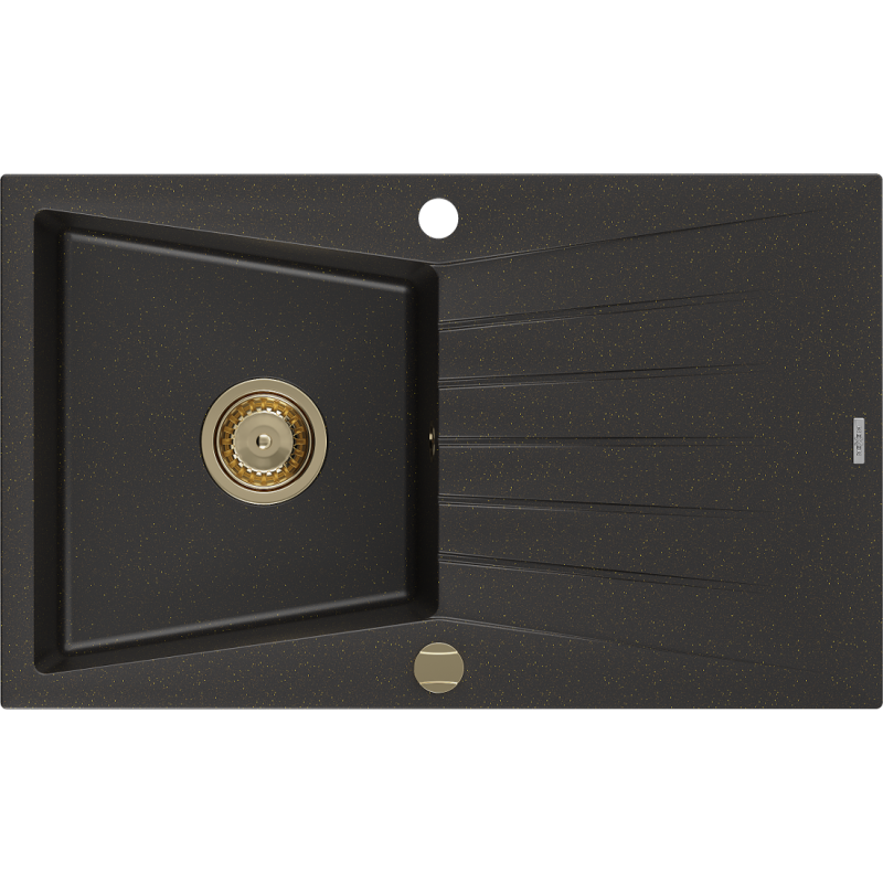 Mexen Cesar fregadero de granito de 1 cubeta con escurridor 775 x 470 mm, negro/oro metálico, sifón dorado - 6514771010-75-G