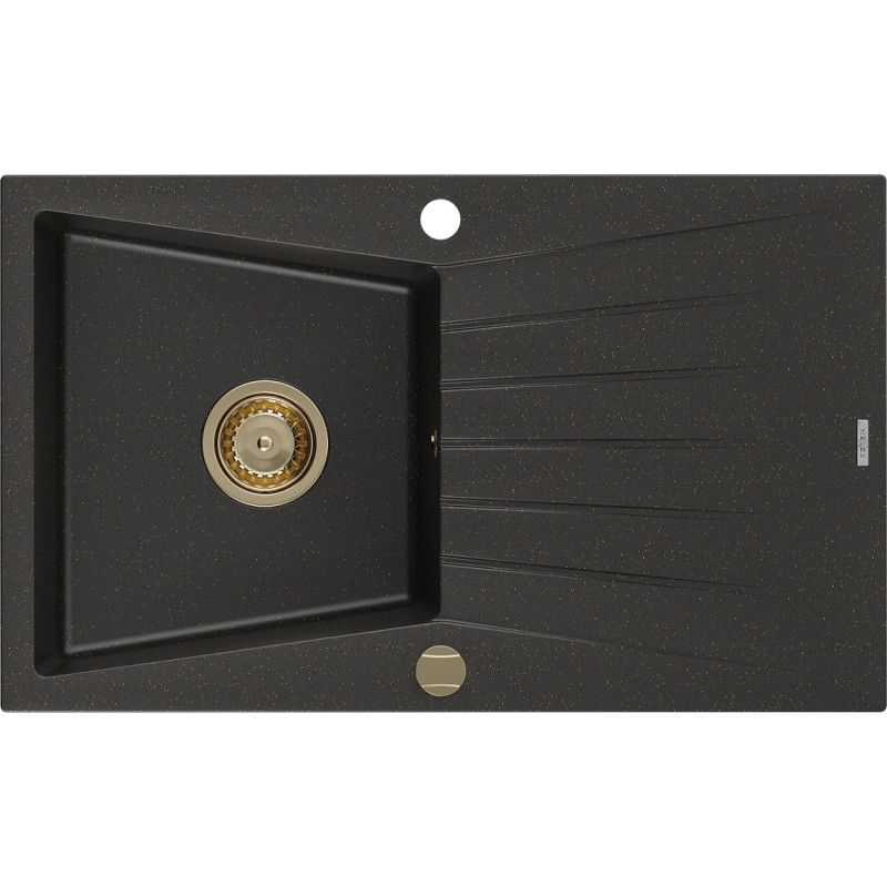 Mexen Cesar Granitspüle 1-beckig mit Abtropffläche 775 x 470 mm, schwarz/gold Metallic, Siphon gold - 6514771010-75-G