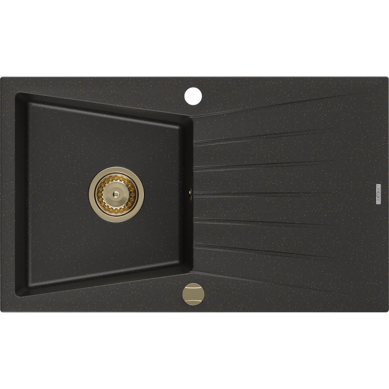 Mexen Cesar lavello in granito a 1 vasca con gocciolatoio 775 x 470 mm, nero/oro metallizzato, sifone oro - 6514771010-75-G