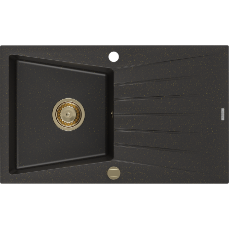 Mexen Cesar fregadero de granito de 1 cubeta con escurridor 775 x 470 mm, negro/oro metálico, sifón dorado - 6514771010-75-G