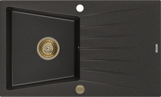 Mexen Cesar fregadero de granito de 1 cubeta con escurridor 775 x 470 mm, negro/oro metálico, sifón dorado - 6514771010-75-G