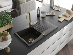 Mexen Cesar évier en granit 1 bac avec égouttoir 775 x 470 mm, noir/métallique doré, siphon doré - 6514771010-75-G