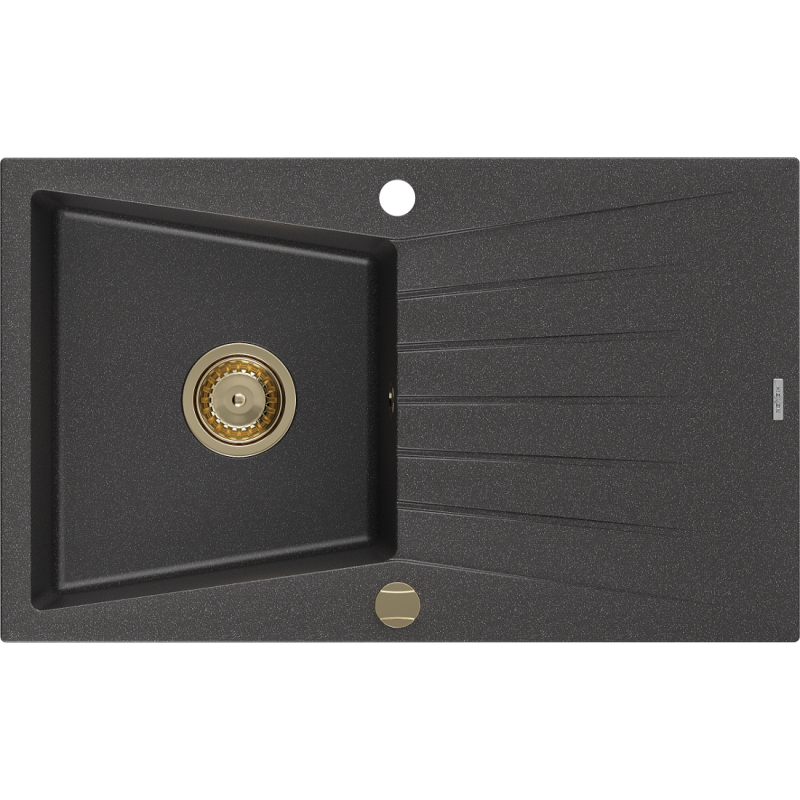 Mexen Cesar fregadero de granito de 1 cubeta con escurridor 775 x 470 mm, negro moteado, sifón dorado - 6514771010-76-G