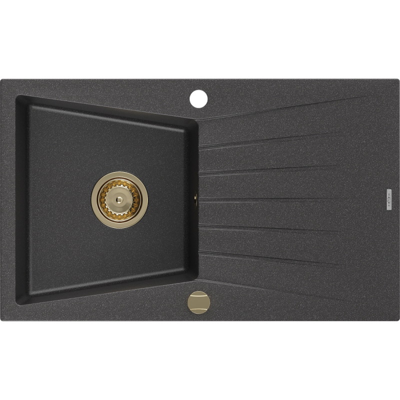Mexen Cesar Granit gootsteen 1-kamer met afdruiprek 775 x 470 mm, zwart gespikkeld, gouden sifon - 6514771010-76-G