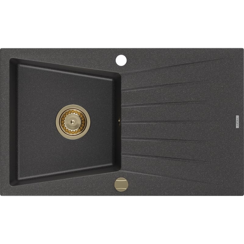 Mexen Cesar granite sink 1-bowl with drainer 775 x 470 mm, black speckled, gold siphon - 6514771010-76-G