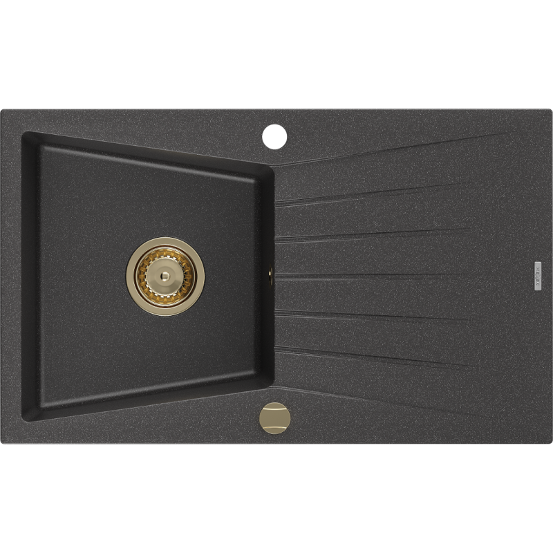 Mexen Cesar Granitspüle 1-Becken mit Abtropffläche 775 x 470 mm, schwarz gesprenkelt, goldener Siphon - 6514771010-76-G